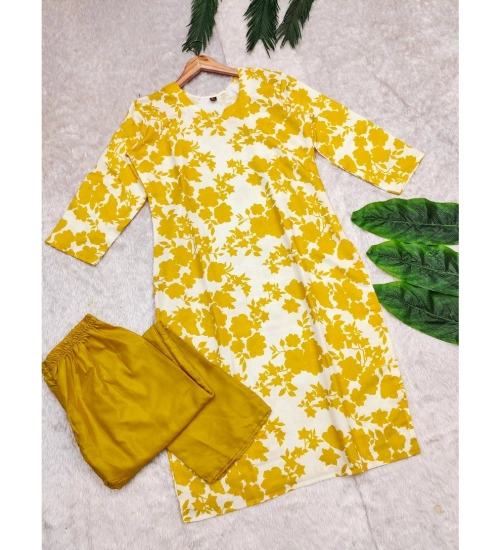 Generic Women's Rayon Printed Round Neck 3-4th Sleeve Kurti With Pant Set (Yellow)