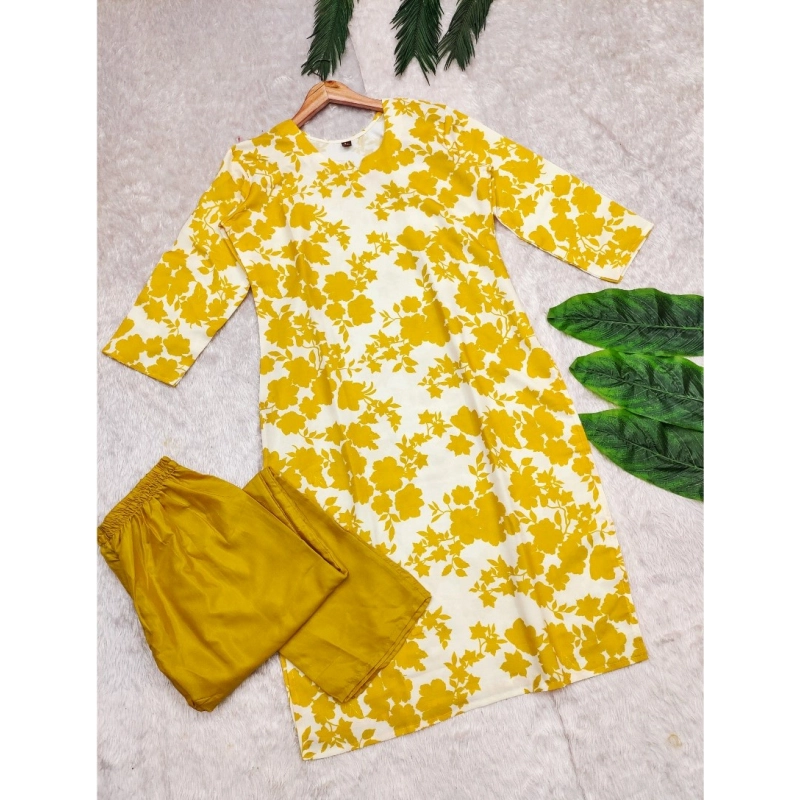 Women's Rayon Printed Round Neck 3-4th Sleeve Kurti With Pant Set (Yellow)