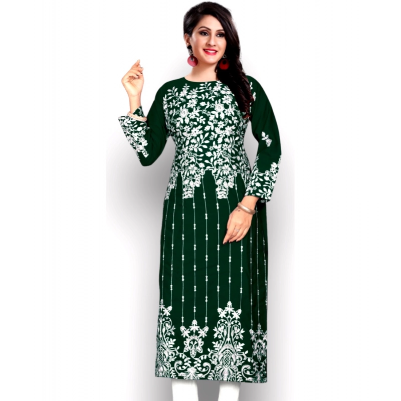 Women's Georgette Printed Round Neck 3-4th Sleeve Kurti (Green)