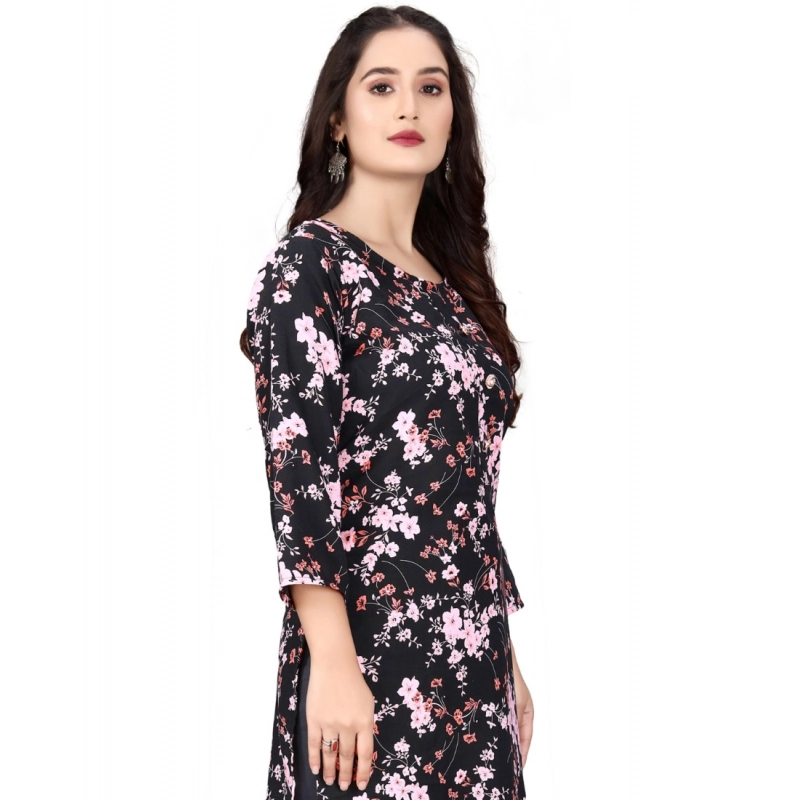Women's Rayon Printed Round Neck 3-4 th Sleeve Kurti (Black) Women's Rayon Printed Round Neck 3-4 th Sleeve Kurti (Black)