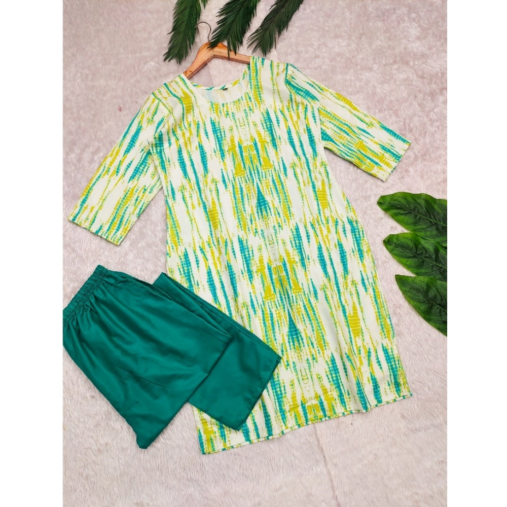 Generic Women's Rayon Printed Round Neck 3-4th Sleeve Kurti With Pant Set (Green) Generic Women's Rayon Printed Round Neck 3-4th Sleeve Kurti With Pant Set (Green)