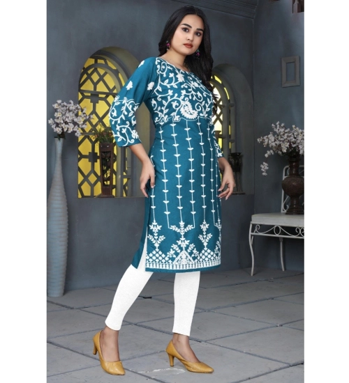 Generic Women's Rayon Printed Round Neck 3-4th Sleeve Kurti (Rama)