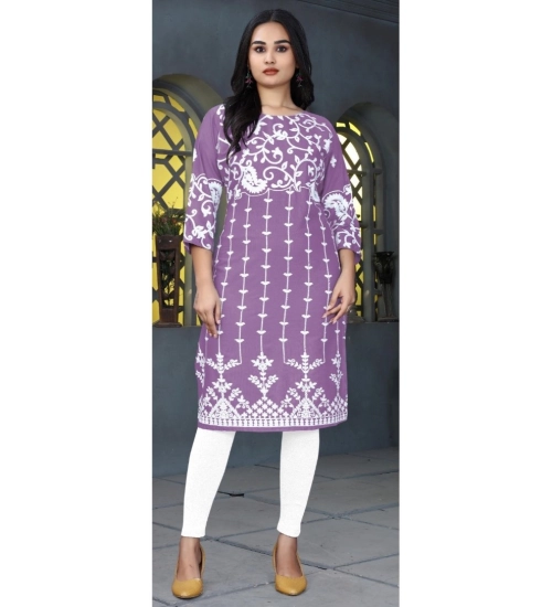 Generic Women's Rayon Printed Round Neck 3-4th Sleeve Kurti (Lavender)