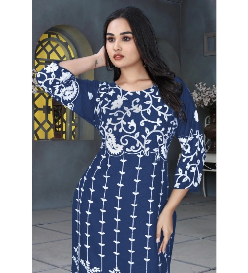 Generic Women's Rayon Printed Round Neck 3-4th Sleeve Kurti (Blue)
