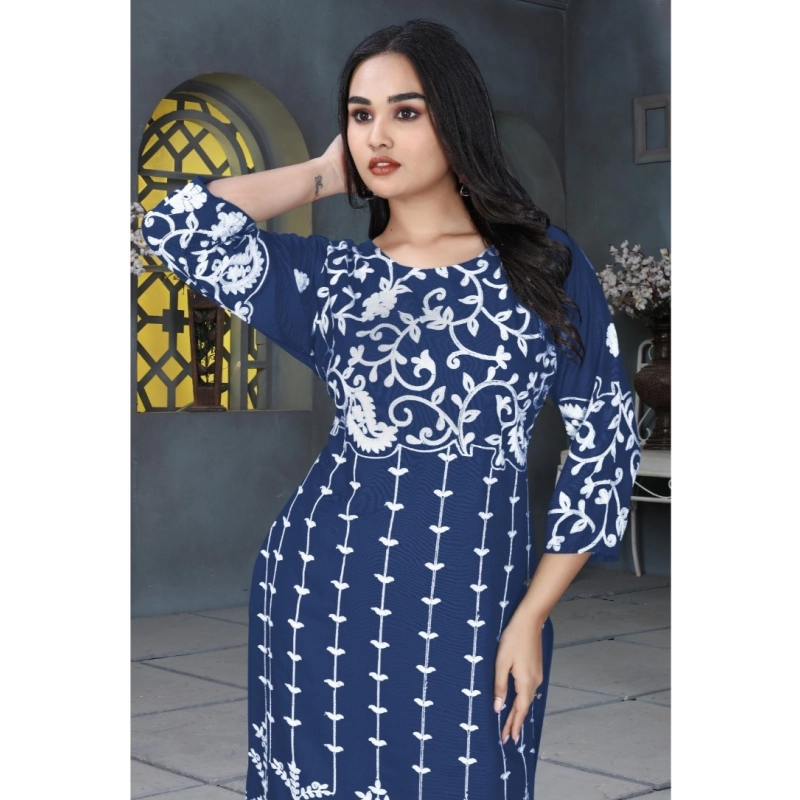 Women's Rayon Printed Round Neck 3-4th Sleeve Kurti (Blue)