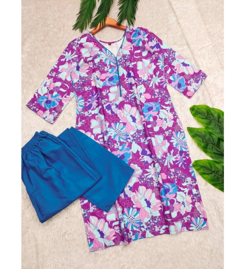 Generic Women's Rayon Printed V Neck 3-4th Sleeve Kurti With Pant Set (Purple)
