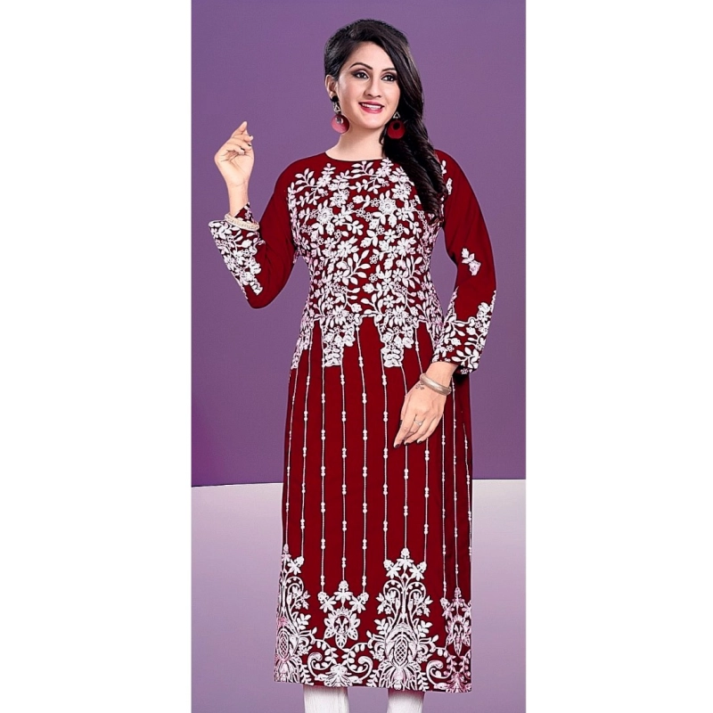 Women's Rayon Printed Round Neck 3-4th Sleeve Kurti (Maroon)