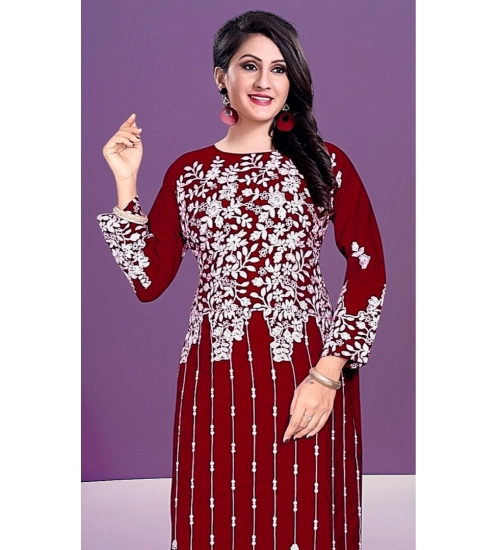 Generic Women's Rayon Printed Round Neck 3-4th Sleeve Kurti (Maroon)