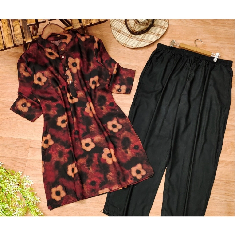 Generic Women's Muslin Printed Mandarin Collar 3-4 th Sleeve Kurti With Pant Set (Black) Generic Women's Muslin Printed Mandarin Collar 3-4 th Sleeve Kurti With Pant Set (Black)