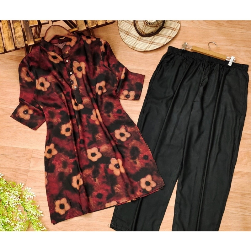 Women's Muslin Printed Mandarin Collar 3-4 th Sleeve Kurti With Pant Set (Black) Women's Muslin Printed Mandarin Collar 3-4 th Sleeve Kurti With Pant Set (Black)