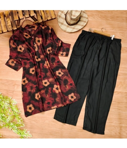 Generic Women's Muslin Printed Mandarin Collar 3-4 th Sleeve Kurti With Pant Set (Black)