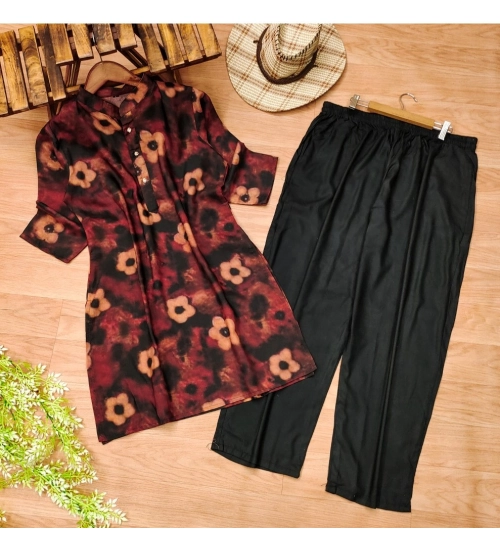 Generic Women's Muslin Printed Mandarin Collar 3-4 th Sleeve Kurti With Pant Set (Black)