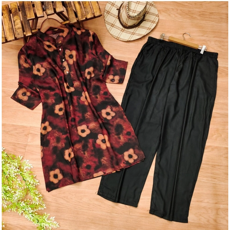 Women's Muslin Printed Mandarin Collar 3-4 th Sleeve Kurti With Pant Set (Black) Women's Muslin Printed Mandarin Collar 3-4 th Sleeve Kurti With Pant Set (Black)