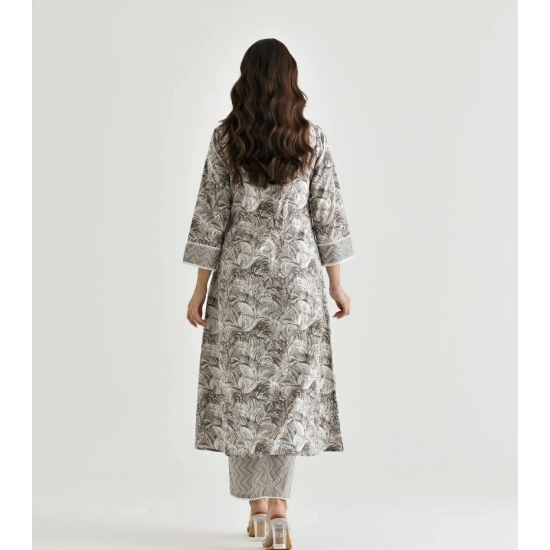 Generic Women's Cotton Blend Printed V Neck Kurti with Pant Set (Grey)