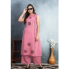 Generic Women's Silk Printed Round Neck Kurti with Pant Set (Pink)