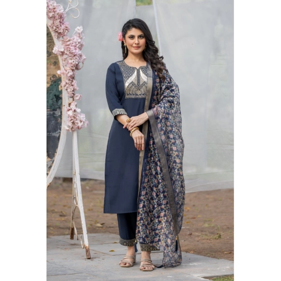 Generic Women's Rayon Printed V Neck Kurti with Pant and Dupatta Set (Navy Blue) Generic Women's Rayon Printed V Neck Kurti with Pant and Dupatta Set (Navy Blue)