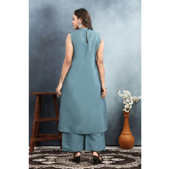 Generic Women's Silk Printed Round Neck Kurti with Pant Set (Grey)