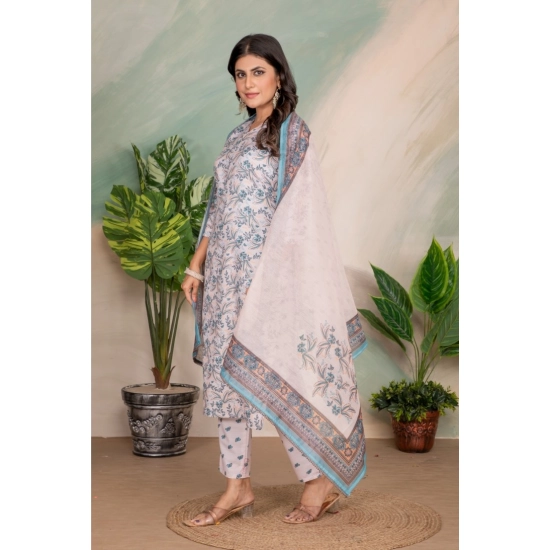 Generic Women's Cotton Blend Printed V Neck Kurti with Pant and Dupatta Set (Light Pink)