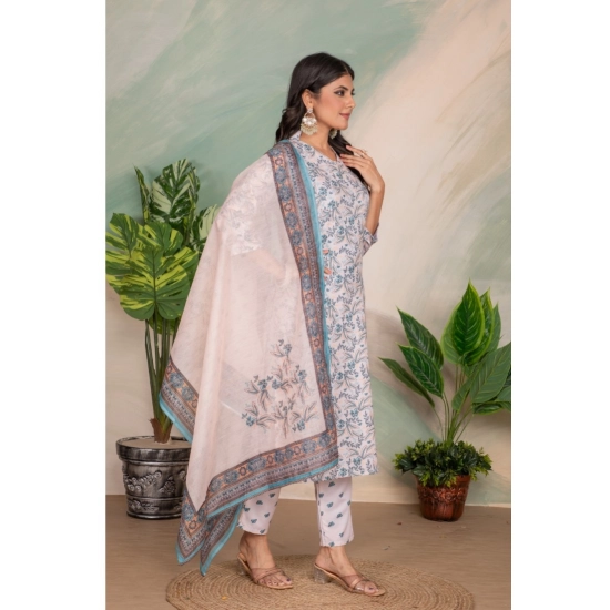Generic Women's Cotton Blend Printed V Neck Kurti with Pant and Dupatta Set (Light Pink)
