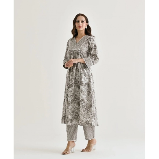 Generic Women's Cotton Blend Printed V Neck Kurti with Pant Set (Grey)