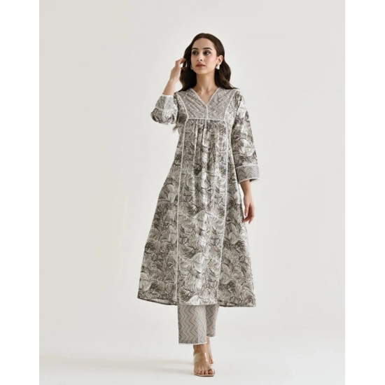 Generic Women's Cotton Blend Printed V Neck Kurti with Pant Set (Grey)