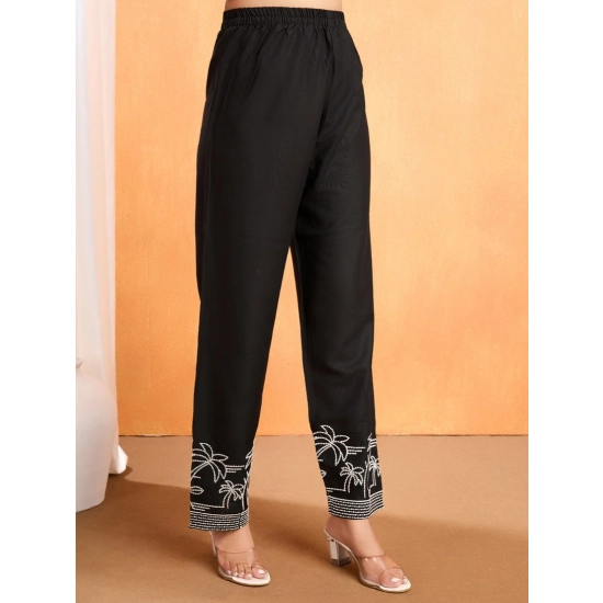 Generic Women's Viscose Rayon Embroidered Chinese Collar Kurti with Pant Set (Black)