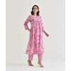 Generic Women's Cotton Blend Printed V Neck Kurti with Pant Set (Pink)