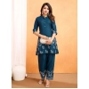 Generic Women's Viscose Rayon Embroidered Chinese Collar Kurti with Pant Set (Green)