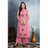 Generic Women's Silk Printed Round Neck Kurti with Pant Set (Pink)