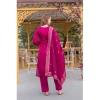 Generic Women's Cotton Blend Printed Round Neck Kurti with Pant and Dupatta Set (Pink)