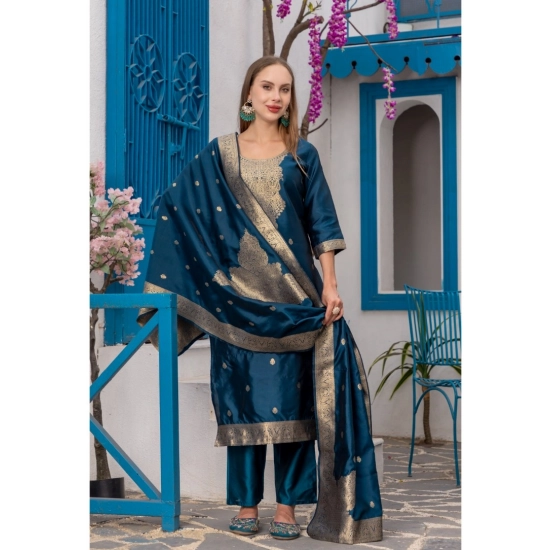Generic Women's Cotton Blend Printed Round Neck Kurti with Pant and Dupatta Set (Blue) Generic Women's Cotton Blend Printed Round Neck Kurti with Pant and Dupatta Set (Blue)