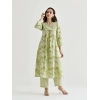 Generic Women's Cotton Blend Printed V Neck Kurti with Pant Set (Green)