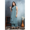 Generic Women's Silk Printed Round Neck Kurti with Pant Set (Grey)