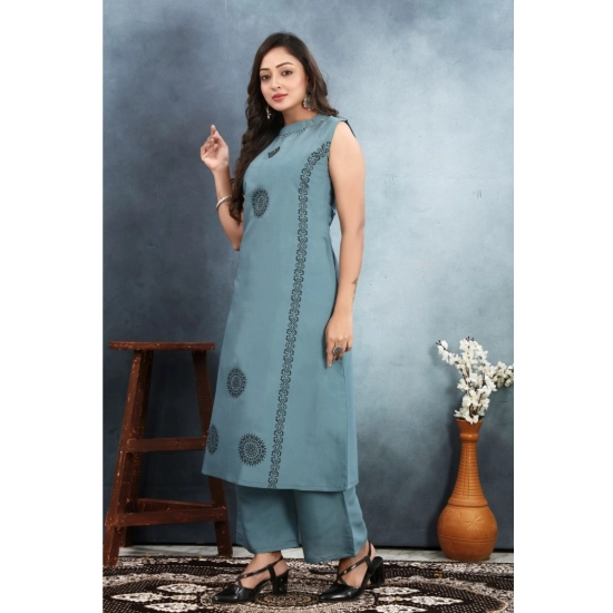 Generic Women's Silk Printed Round Neck Kurti with Pant Set (Grey)