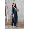 Generic Women's Rayon Printed V Neck Kurti with Pant and Dupatta Set (Navy Blue)