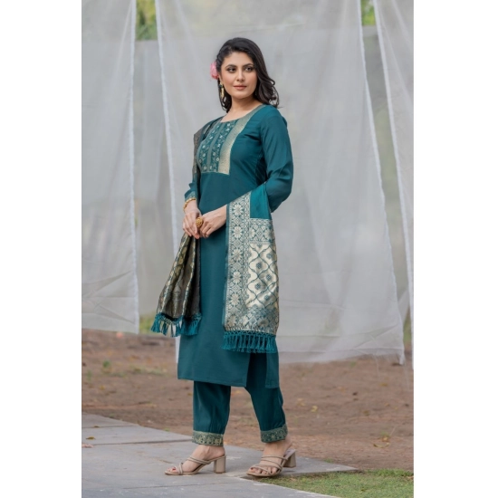 Generic Women's Rayon Printed Round Neck Kurti with Pant and Dupatta Set (Green)