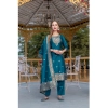 Generic Women's Cotton Blend Printed Round Neck Kurti with Pant and Dupatta Set (Blue)