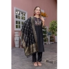 Generic Women's Rayon Printed Round Neck Kurti with Pant and Dupatta Set (Black)