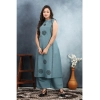 Generic Women's Silk Printed Round Neck Kurti with Pant Set (Grey)