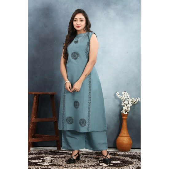 Generic Women's Silk Printed Round Neck Kurti with Pant Set (Grey)