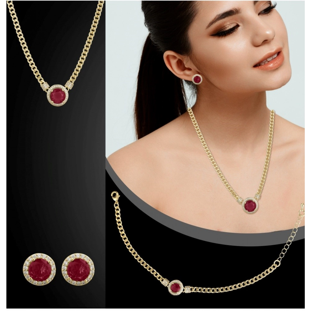 Generic Women's Stainless Steel Red Color Golden Chain Western Combo Jewelry (Gold Plated) Generic Women's Stainless Steel Red Color Golden Chain Western Combo Jewelry (Gold Plated)
