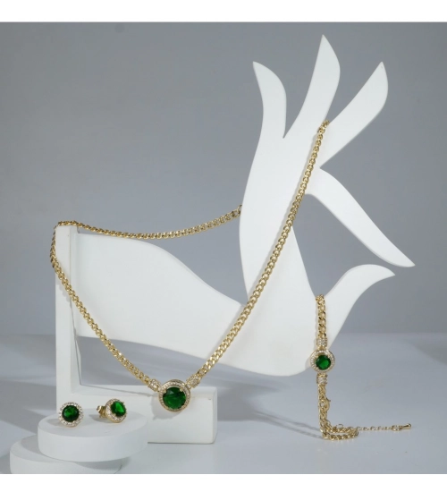Generic Women's Stainless Steel Green Color Golden Chain Western Combo Jewelry (Gold Plated)