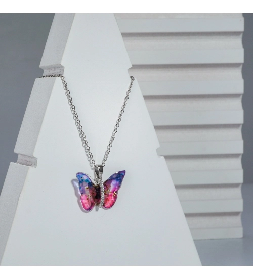 Generic Women's Stainless Steel Colorful Butterfly Pendent Dailywear chain (Silver Plated)