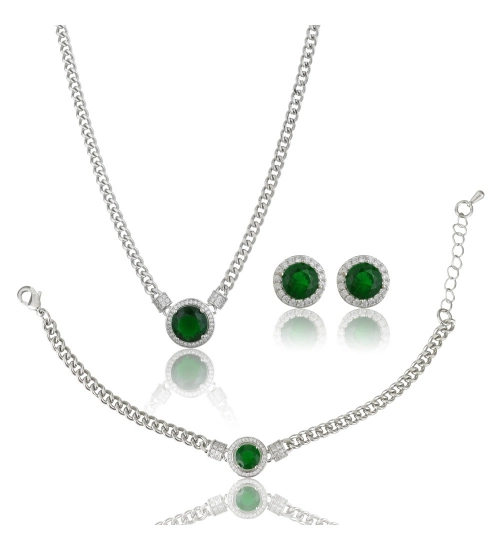 Generic Women's Stainless Steel Green Color Silver Chain Western Combo Jewelry (Silver Plated)
