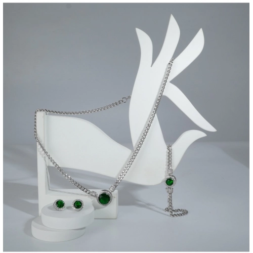 Generic Women's Stainless Steel Green Color Silver Chain Western Combo Jewelry (Silver Plated)