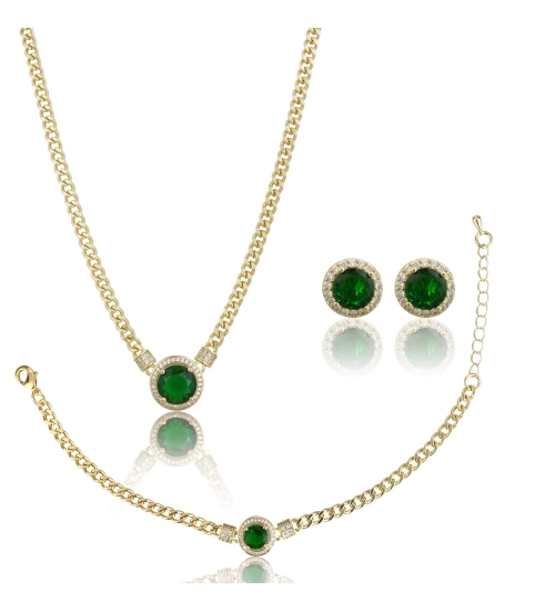 Generic Women's Stainless Steel Green Color Golden Chain Western Combo Jewelry (Gold Plated)