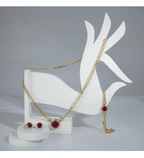 Generic Women's Stainless Steel Red Color Golden Chain Western Combo Jewelry (Gold Plated)