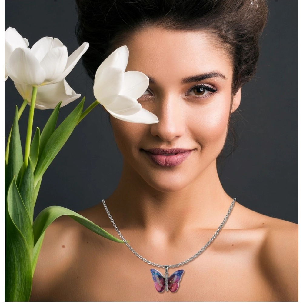 Generic Women's Stainless Steel Colorful Butterfly Pendent Dailywear chain (Silver Plated) Generic Women's Stainless Steel Colorful Butterfly Pendent Dailywear chain (Silver Plated)