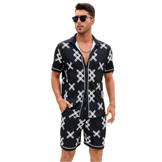 Generic Men's Lycra Printed Half Sleeve Shirt and Shorts Set (Black ) Generic Men's Lycra Printed Half Sleeve Shirt and Shorts Set (Black )