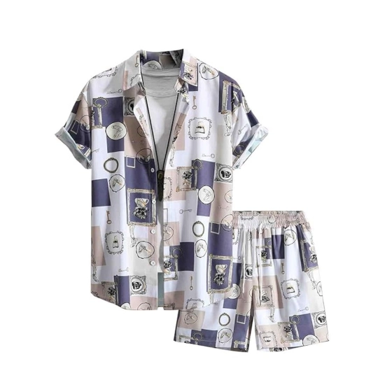Generic Men's Lycra Printed Half Sleeve Shirt and Shorts Set (Purple) Generic Men's Lycra Printed Half Sleeve Shirt and Shorts Set (Purple)